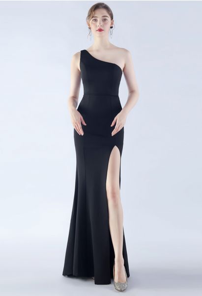 Satin Finished One-Shoulder Slit Mermaid Gown in Black