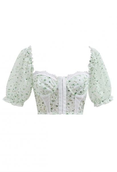 Bubble Sleeve Floret Lace Bustier Crop Top in Green