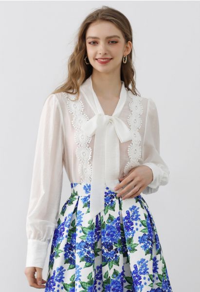 Chic Bowknot Cutwork Crochet Semi-Sheer Top