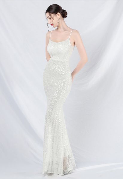 Fairytale Sequin Mermaid Cami Gown in White