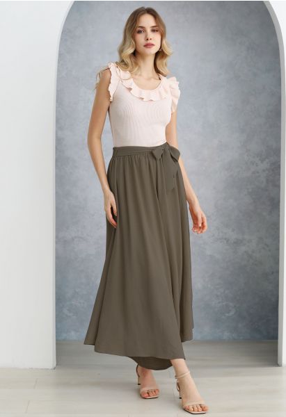 Breezy Tie Waist Asymmetric Crop Pants in Brown