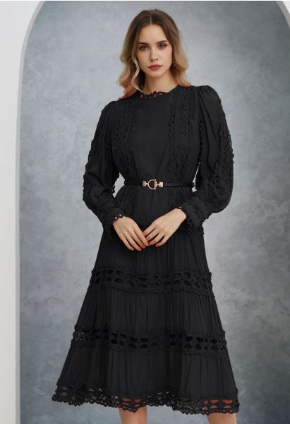 Belted Cutwork Lace Trim Bubble Sleeve Midi Dress in Black