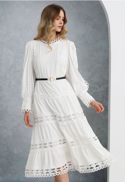 Belted Cutwork Lace Trim Bubble Sleeve Midi Dress in White