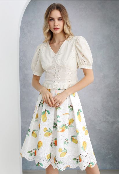 Lemon Printed Eyelet Embroidered Scallop Edge Pleated Skirt