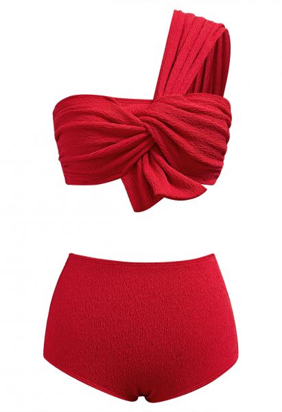 One-Shoulder Knotted Texture Bikini Set in Red