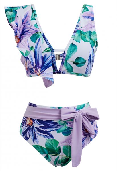 Purple Floral Print Ruffle Bikini Set