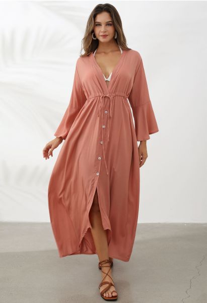 V-Neck Flounce Sleeves Button-Up Cover-Up in Coral