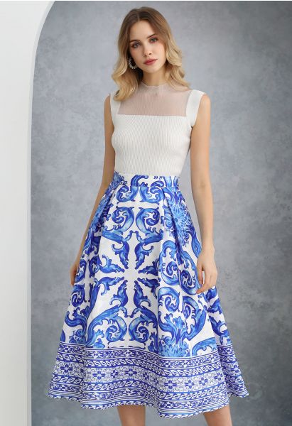 Blue Tile Jacquard Pleated A-Line Midi Skirt