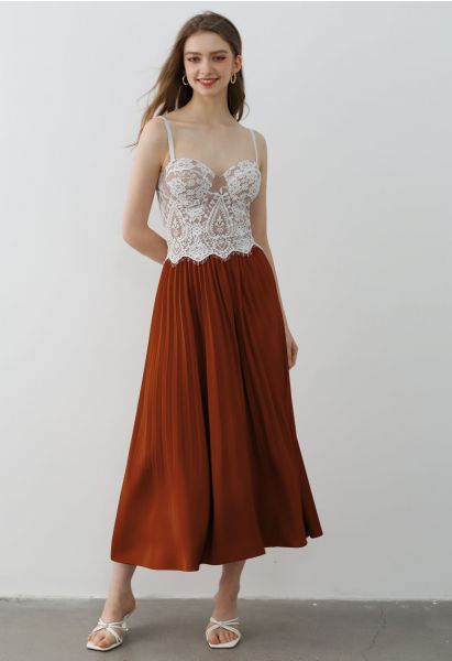Smooth Satin Pleated Midi Skirt in Rust Red