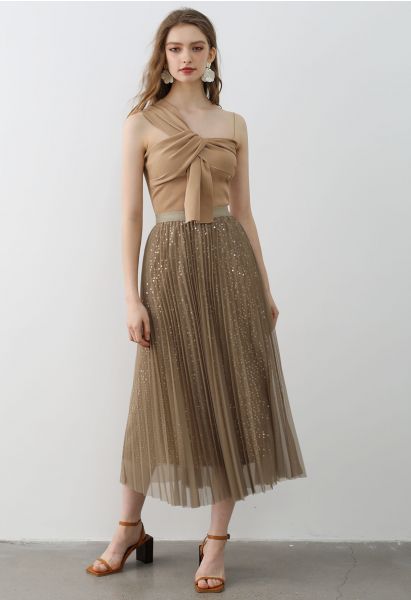 Glister Sequin Trim Mesh Tulle Maxi Skirt in Tan