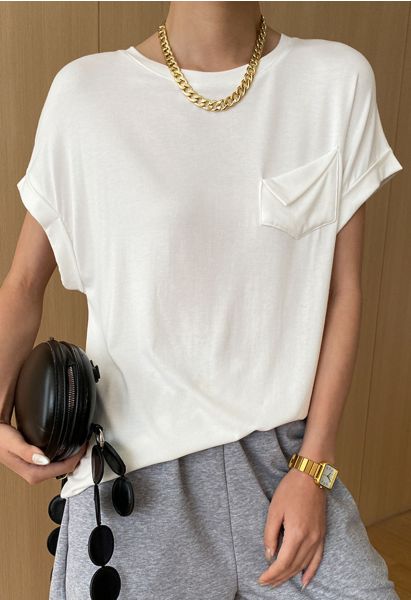 Pocket Trim Rolled Cuff T-Shirt in White