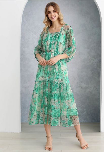 Gauzy Floral Print Bubble Sleeve Dolly Dress in Green