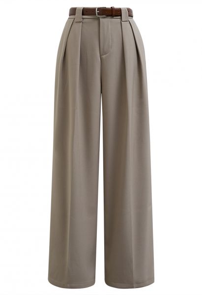 Faux Leather Belt Straight-Leg Pants in Sand