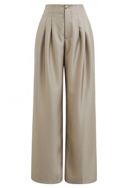 Polished Pleat Detail Straight-Leg Pants in Khaki