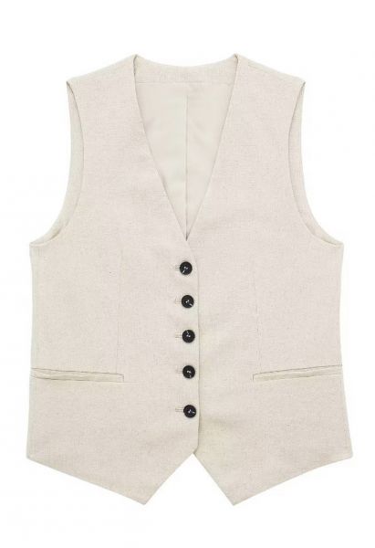 V-Neck Buttoned Down Linen-Blend Vest in Linen