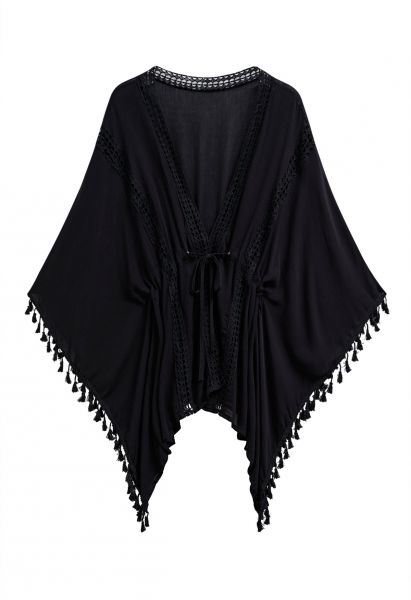 Tassel Batwing Sleeve Waist Tie Cover-Up Dress in Black