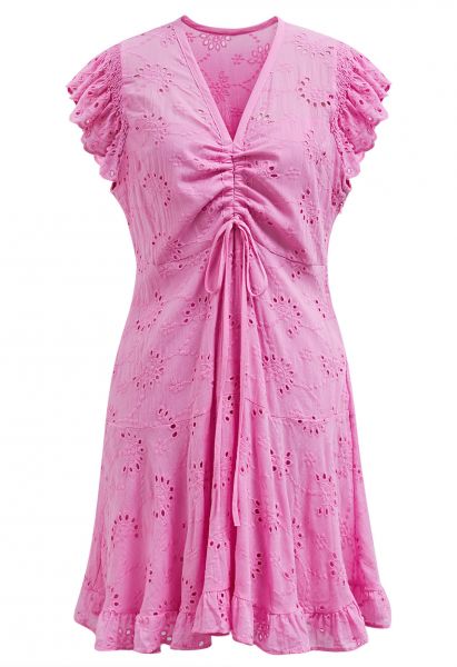 Drawstring Front Eyelet Embroidered Mini Dress in Pink