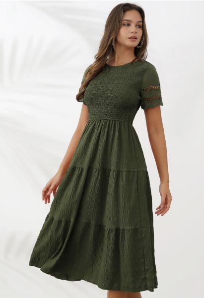 Cutwork Sleeve Shirred Bodice Midi Dress in Army Green