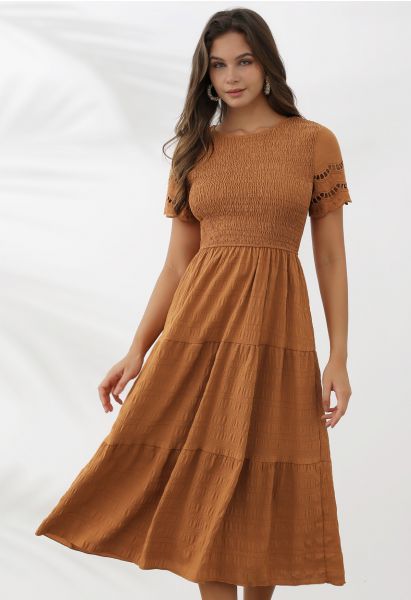 Cutwork Sleeve Shirred Bodice Midi Dress in Pumpkin