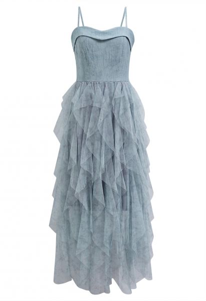 Ruffle Mesh Spliced Asymmetric Cami Dress in Dusty Blue