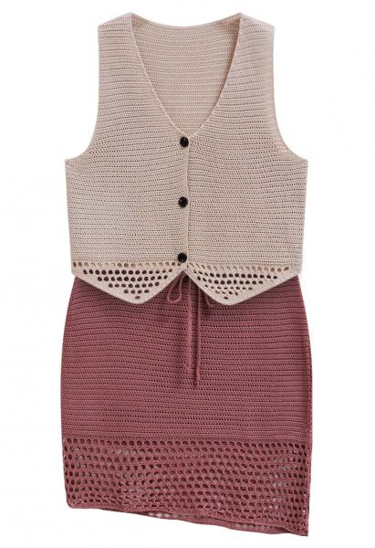 Openwork Crochet Buttoned Vest and Drawstring Skirt Set in Berry