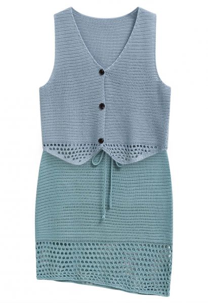 Openwork Crochet Buttoned Vest and Drawstring Skirt Set in Blue