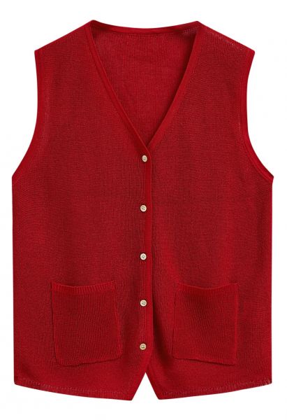 Button Down Patch Pocket Vest in Red