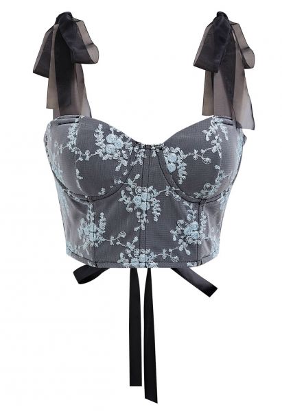 Blue Floral Embroidered Tie-Strap Bustier Top in Smoke