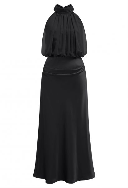 Graceful Halter Neck Chiffon Spliced Satin Dress in Black