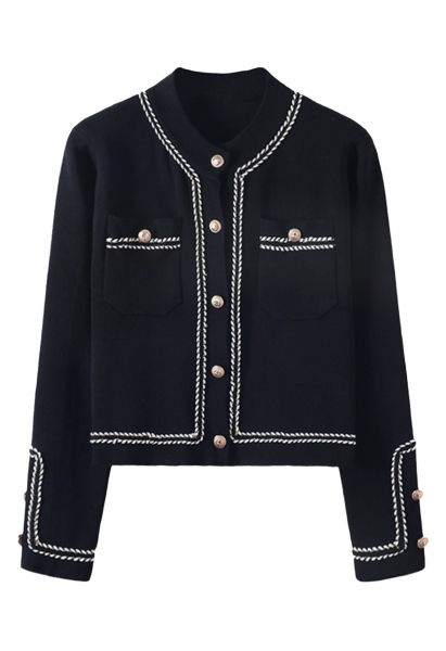Contrast Braid Buttoned Knit Cardigan in Black