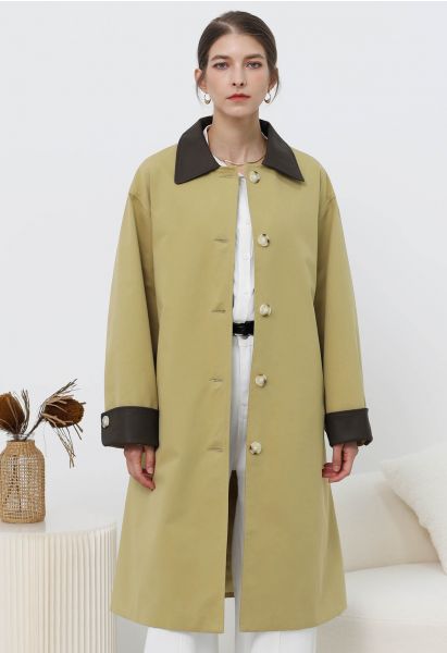 Contrast Faux Leather Trim Button Trench Coat in Mustard