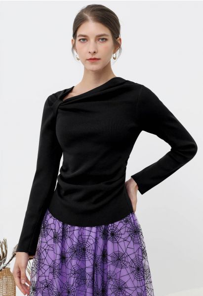 Side Knot Ruched Long-Sleeve Knit Top in Black