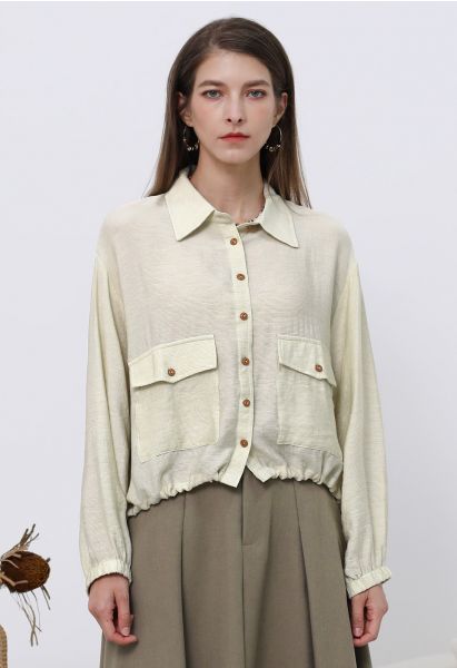 Collared Button Down Drawstring Shirt in Ivory