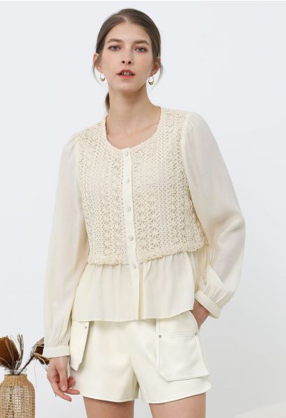 Comfy Touch Crochet Spliced Buttoned Shirt