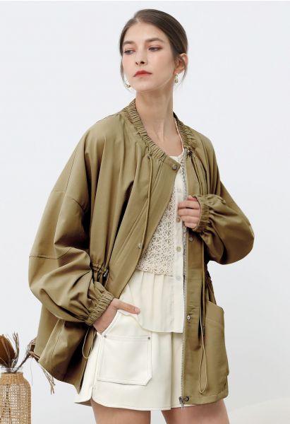 Laid-Back Side Pocket Drawstring Parka in Khaki