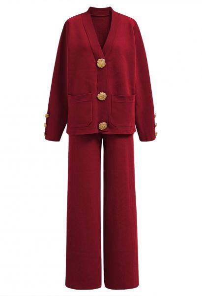 Golden Button Patch Pocket Knit Cardigan and Pants Set in Red