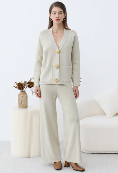 Golden Button Patch Pocket Knit Cardigan and Pants Set in Ivory