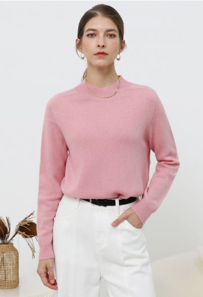 Heartwarming Mock Neck Long-Sleeve Wool Sweater in Pink