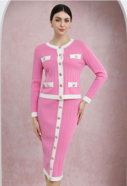 Contrast Trim Golden Button Knit Cardigan and Skirt Set in Candy Pink