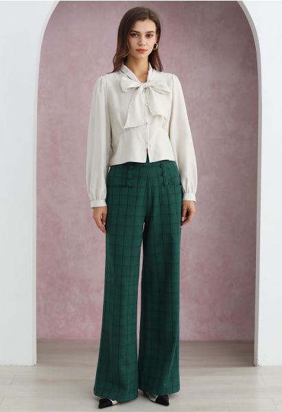 Grid Print Button Decor Straight-Leg Pants in Dark Green