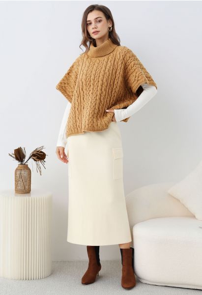 Fake Pocket Stylish Tie-Waist Knit Skirt in Cream