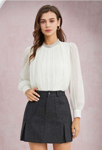 Herringbone Pocket Pleated Hem Mini Skirt