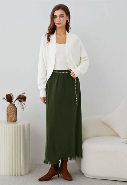 Chain Belt Fringe Hem Knit Maxi Skirt in Army Green