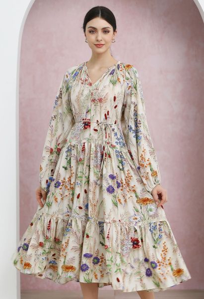 Wildflower Dream Puff Sleeve Tie String Chiffon Midi Dress