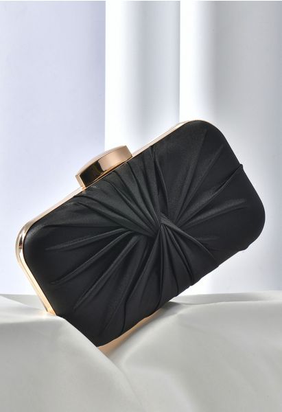 Ruched Knotted Satin Clutch in Black