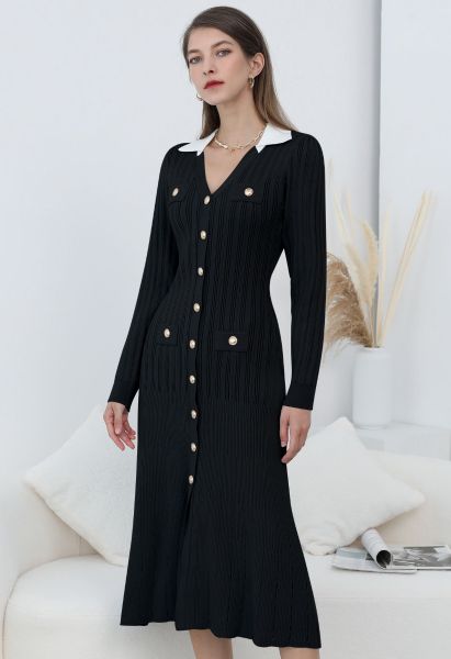 Attractive Stud Button V-Neck Collared Midi Dress in Black