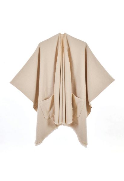 Whisper Soft Pocket Fringed Hem Poncho in Light Tan