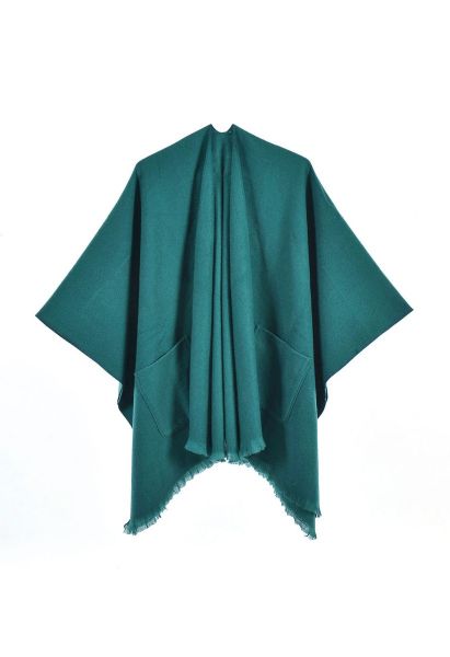 Whisper Soft Pocket Fringed Hem Poncho in Green