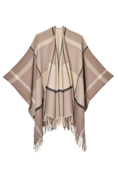 Geometric Grid Fringed Hem Poncho in Tan