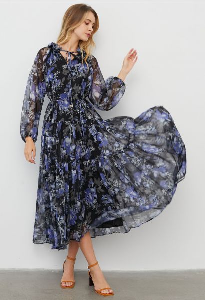 Floral Ballet Tie String Chiffon Midi Dress in Black